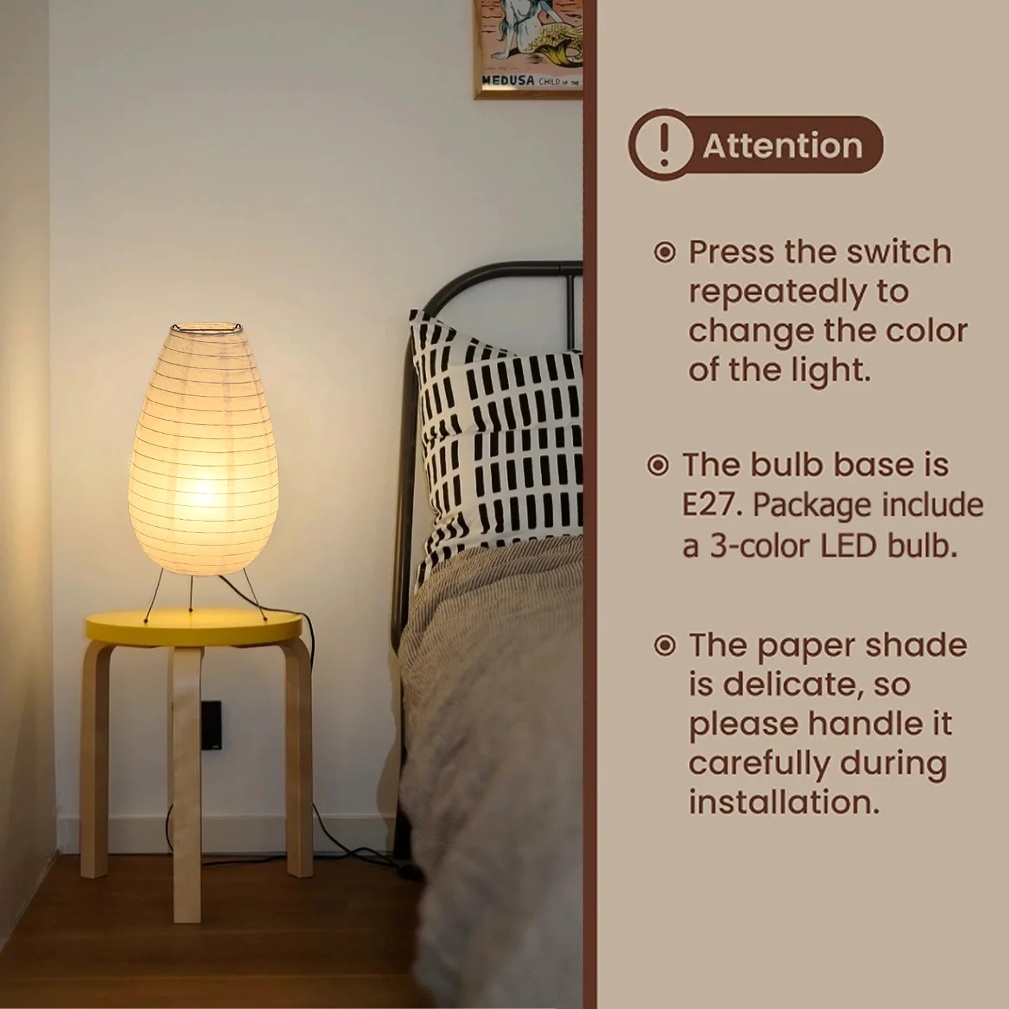 Nogy Noguchi Style Lamp Rice Paper Floor Lamp Retro Creative Bedside Lamp Suitable for Decoration of Study/Bedroom/Living Room