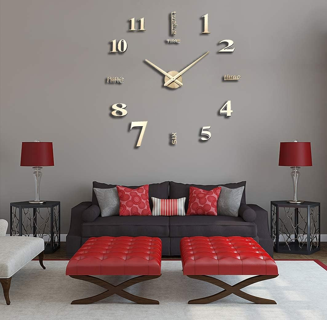 3D DIY Wall Clock Decor Sticker Mirror Frameless Large DIY Wall Clock Kit for Home Living Room Bedroom Office Decoration (Gold)