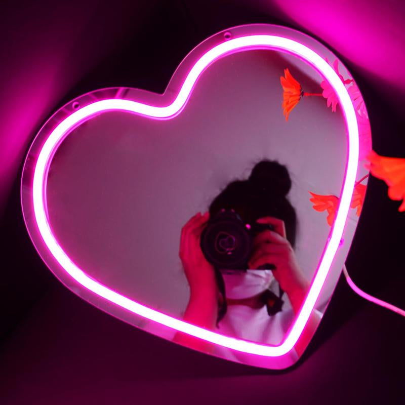 LED Neon Mirror Light Sign Pink Heart Neon Wall Art Sign for Girl Bedroom Kid’S Room Birthday Party Wedding Gift Home Studio Decor Neon Night Light 5V USB Powered 11.81”