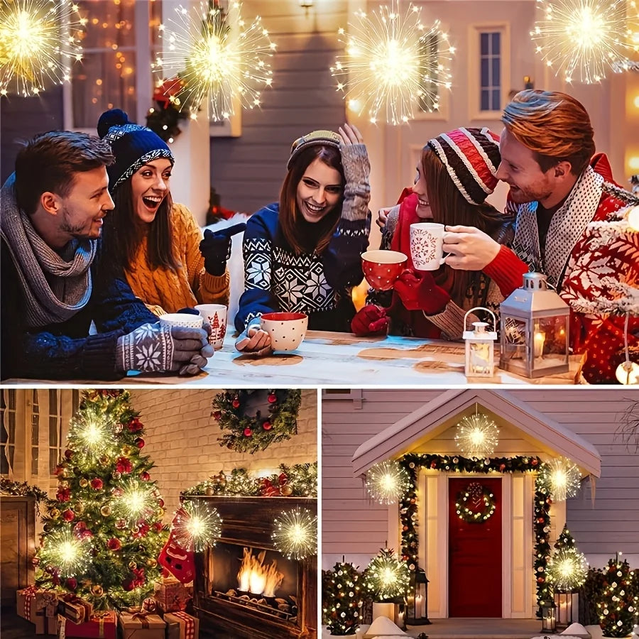 4Pcs Hanging Solar Powered Outdoor Firework Lights,360 LED Sparkling Starburst Sphere Lights, for Christmas Decorationdecoration