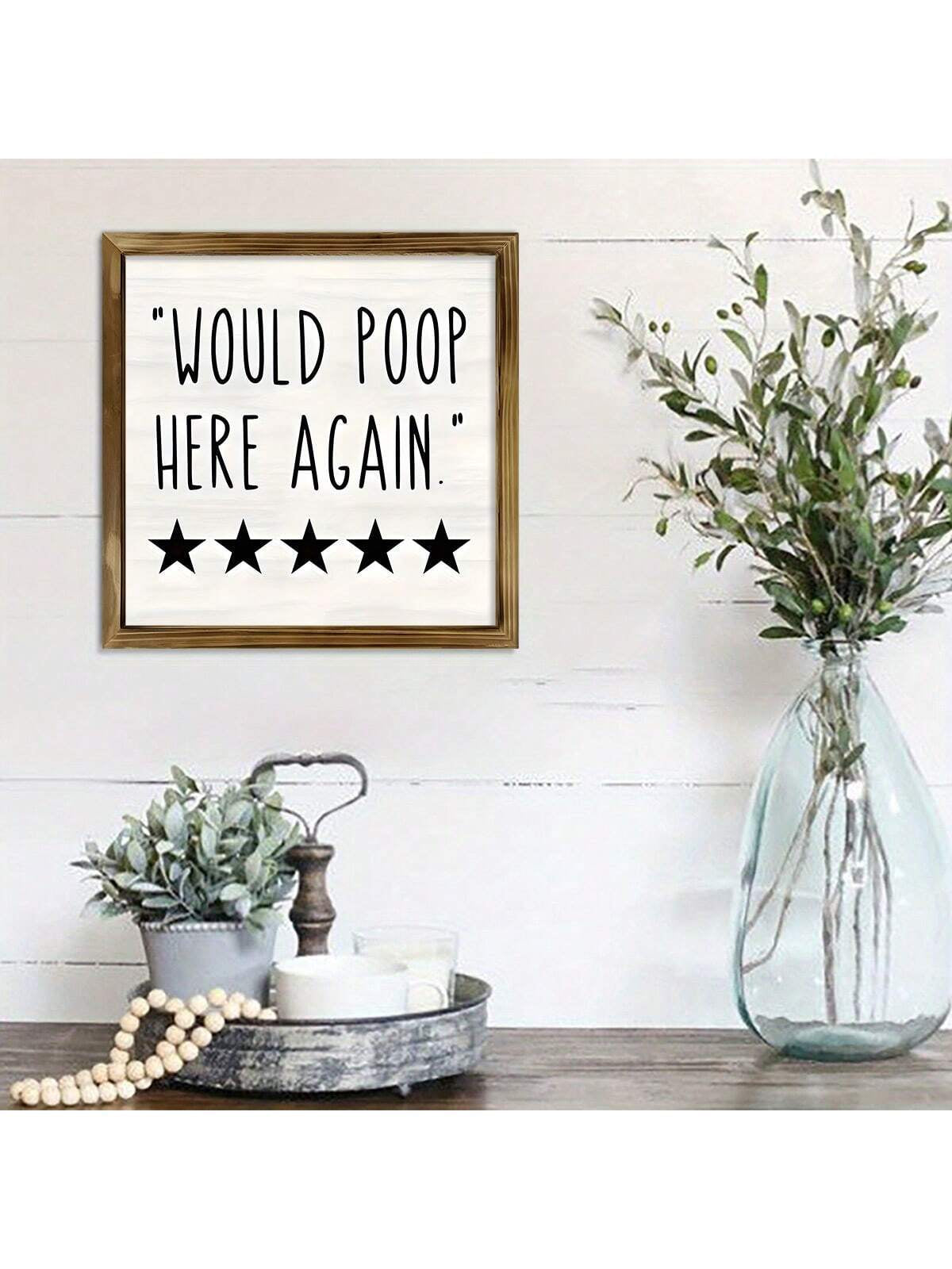 1Pc Humorous Wood Sign - Funny Bathroom Wall Art with Five Stars Would Poop Here Again Design - Farmhouse Bathroom Decor, Unique Bathroom Decoration, Handcrafted Wooden Sign, Rustic Home Decor Accent, Canvas Wall Art, Thanksgiving Gifts,Poster Birthday Graduation Christmas Decorations Christmas