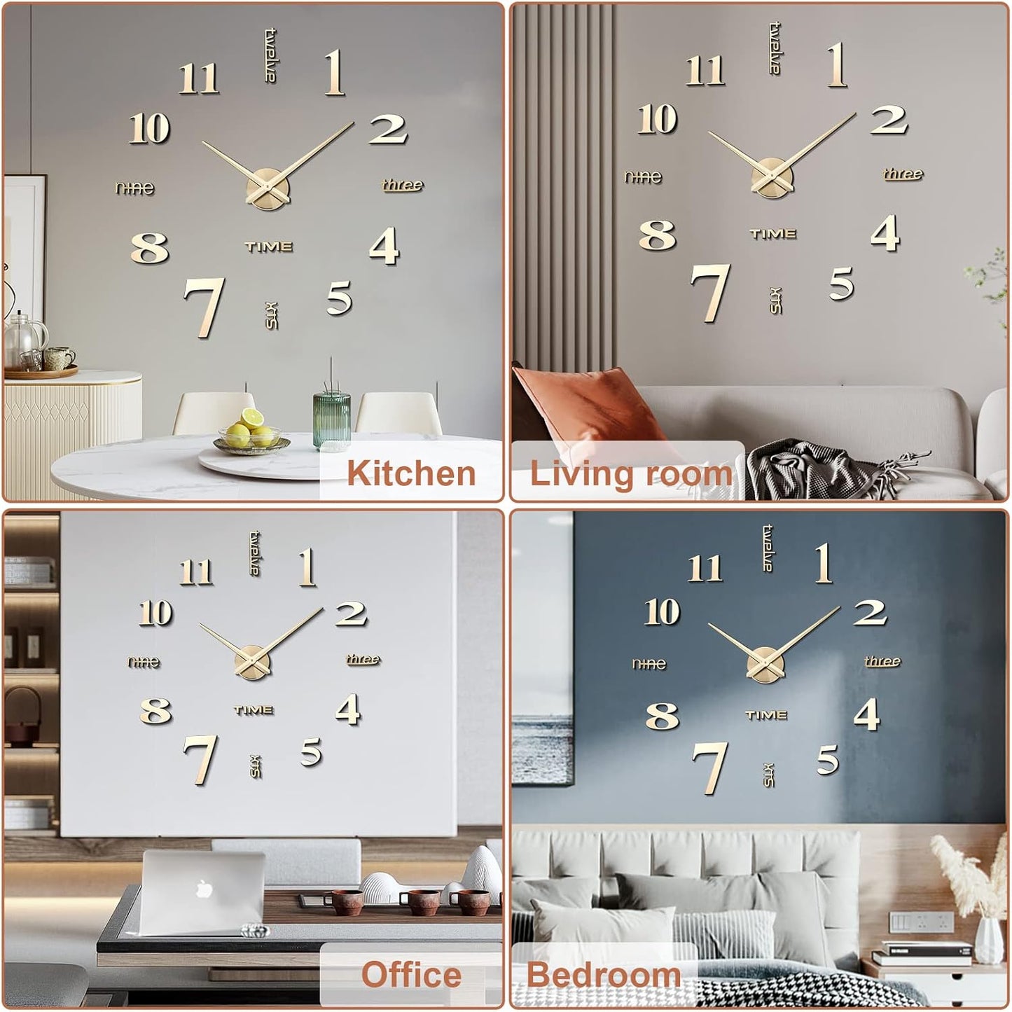 3D DIY Wall Clock Decor Sticker Mirror Frameless Large DIY Wall Clock Kit for Home Living Room Bedroom Office Decoration (Gold)