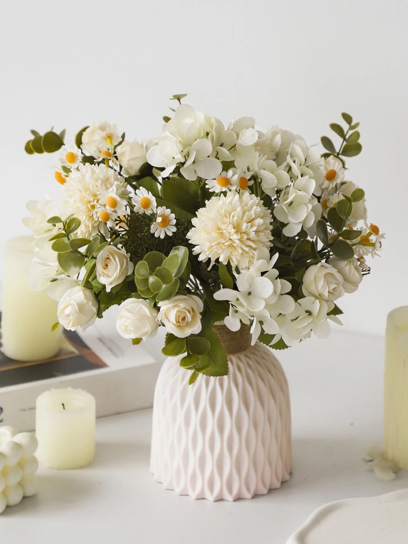 1Pc/2Pcs Lifelike Artificial Rose Flowers Bouquet Fake Hydrangea and Daisy Realistic Arrangements for Home Wedding Party Decor Room Accents Table Centerpieces, Valentine Day, Gift Gifts Birthday Graduation,Fall Decor,Autumn Home Decor Back to School Room Decor School Supplies