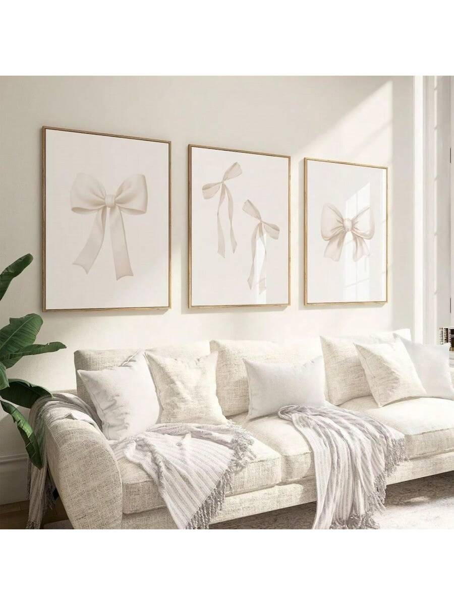 3PCS/SET Unframed Bow Wall Art Decor Preppy Beige Bow Poster Girly Room Wall Art Prints Beige Bow Knot Wall Decor Room Picture Pastel Bow Poster for Nursery Girl Room 16X24 Inch/40X60 Cm,Canvas Gifts Birthday Graduation