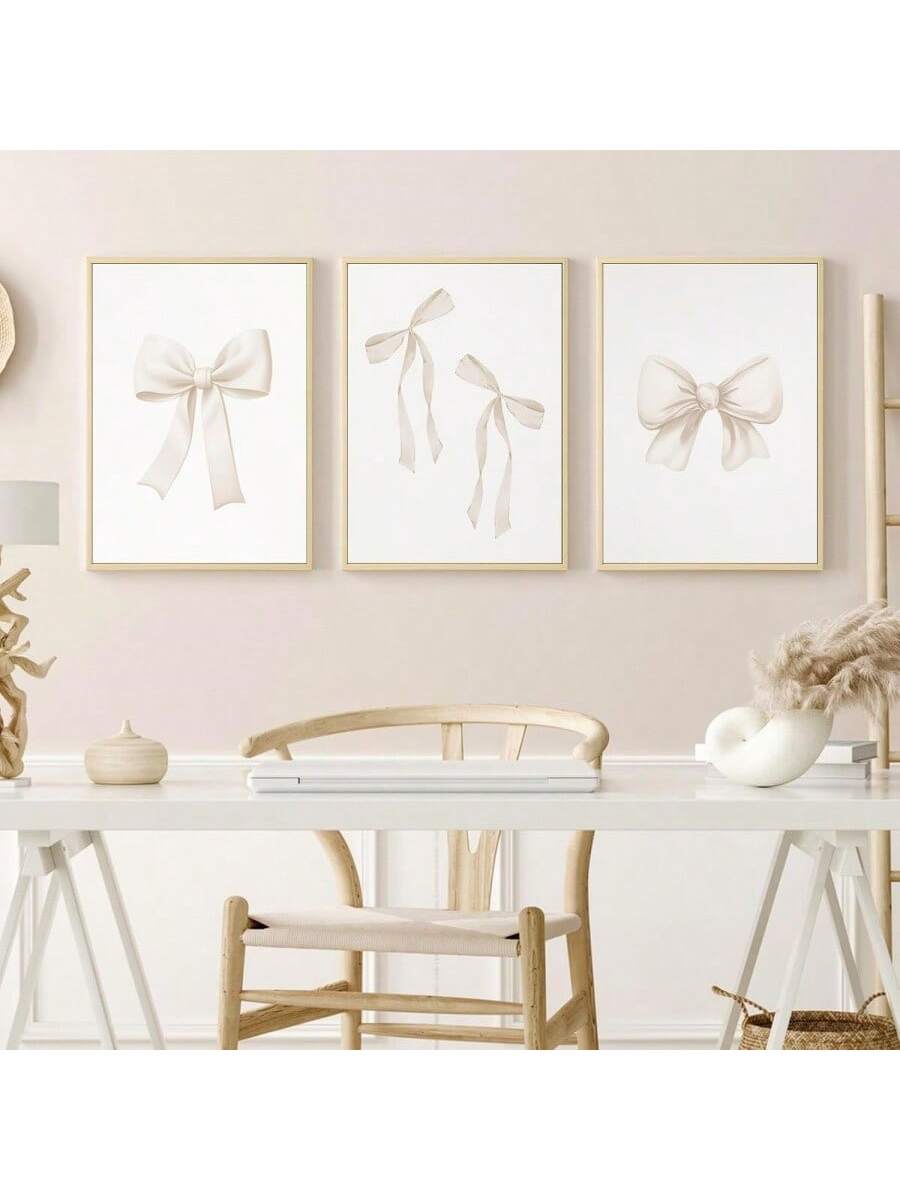 3PCS/SET Unframed Bow Wall Art Decor Preppy Beige Bow Poster Girly Room Wall Art Prints Beige Bow Knot Wall Decor Room Picture Pastel Bow Poster for Nursery Girl Room 16X24 Inch/40X60 Cm,Canvas Gifts Birthday Graduation