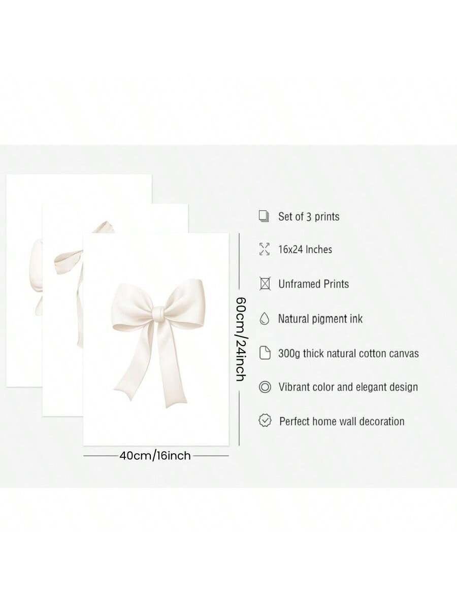 3PCS/SET Unframed Bow Wall Art Decor Preppy Beige Bow Poster Girly Room Wall Art Prints Beige Bow Knot Wall Decor Room Picture Pastel Bow Poster for Nursery Girl Room 16X24 Inch/40X60 Cm,Canvas Gifts Birthday Graduation