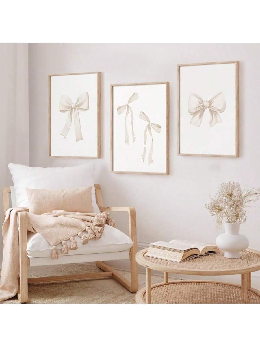 3PCS/SET Unframed Bow Wall Art Decor Preppy Beige Bow Poster Girly Room Wall Art Prints Beige Bow Knot Wall Decor Room Picture Pastel Bow Poster for Nursery Girl Room 16X24 Inch/40X60 Cm,Canvas Gifts Birthday Graduation