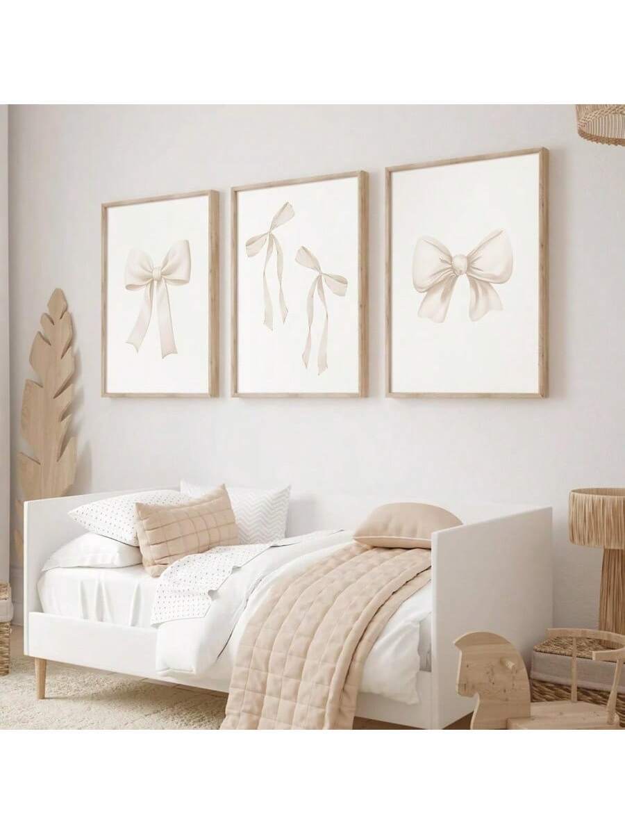 3PCS/SET Unframed Bow Wall Art Decor Preppy Beige Bow Poster Girly Room Wall Art Prints Beige Bow Knot Wall Decor Room Picture Pastel Bow Poster for Nursery Girl Room 16X24 Inch/40X60 Cm,Canvas Gifts Birthday Graduation