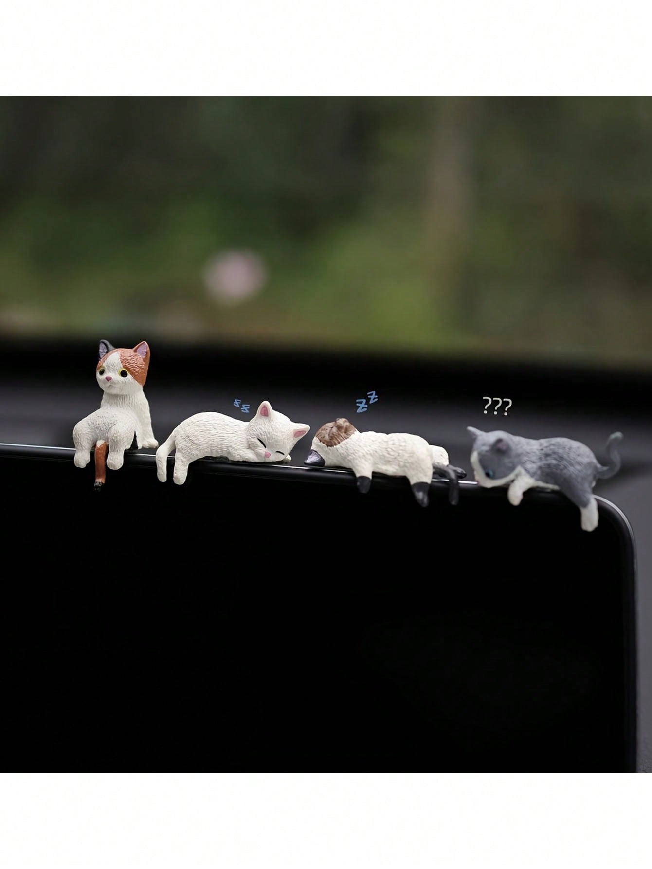 4Pcs Set Cute White Cartoon Cat Miniature Dashboard Decor - ABS Resin Figurines, Fit for Vehicle Interior Accessories