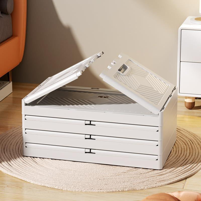 2/3/4/5 Tier Foldable Storage Box, Stackable Storage Box Front Opening with Lid, Door, Wheels, Storage Cabinet Plastic, Foldable Storage Cabinet Organiser Cover