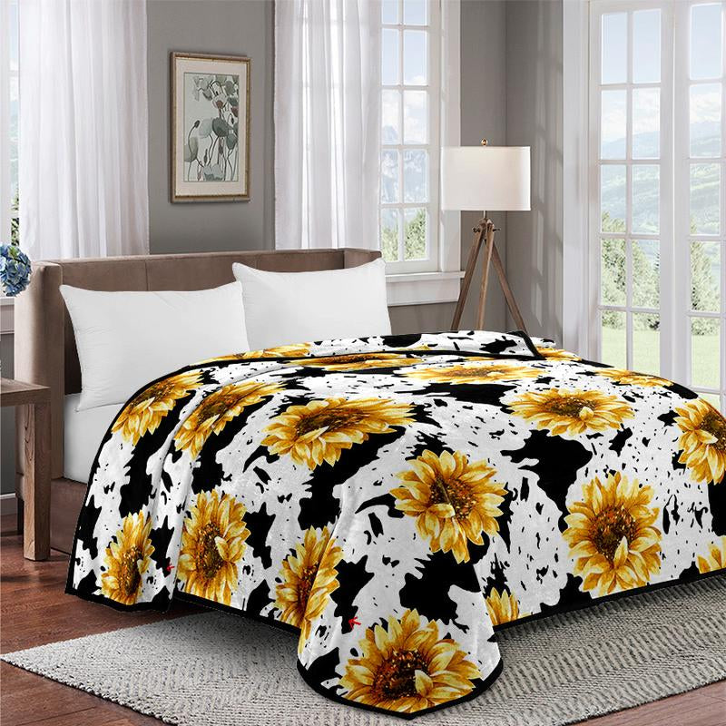 Oversized Super Plush Sunflower Cow Print Flannel Blanket