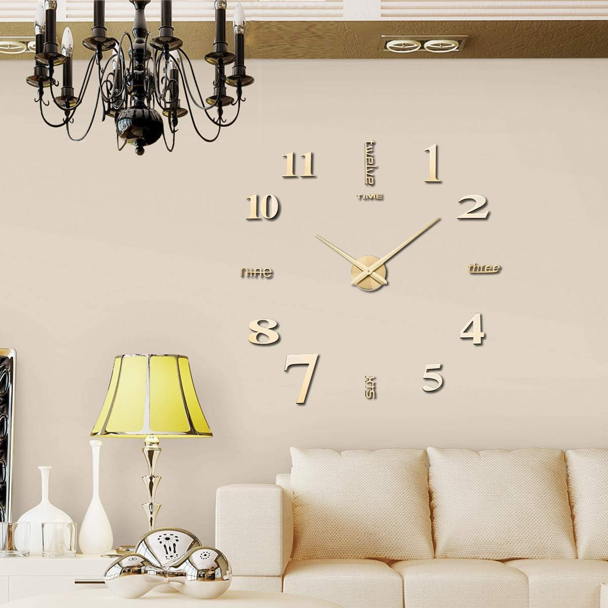 3D DIY Wall Clock Decor Sticker Mirror Frameless Large DIY Wall Clock Kit for Home Living Room Bedroom Office Decoration (Gold)