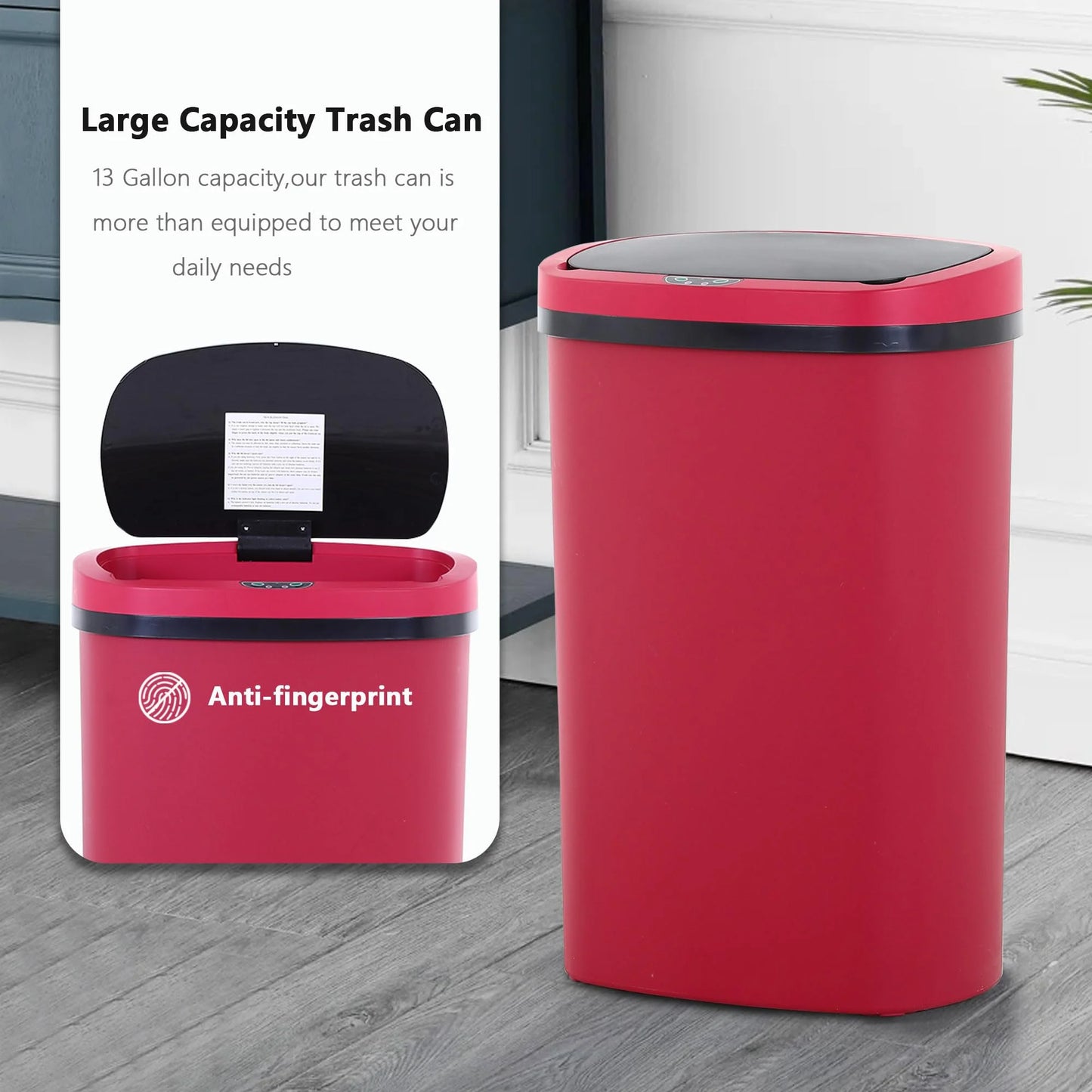 13 Gallon Garbage Can, 50 Liter High-Capacity Broken-Resistant Plastic Garbage Can with Lid Automatic Trash Cans Touchless Motion Sensor Trash Can for Home Kitchen Office (1, Red)