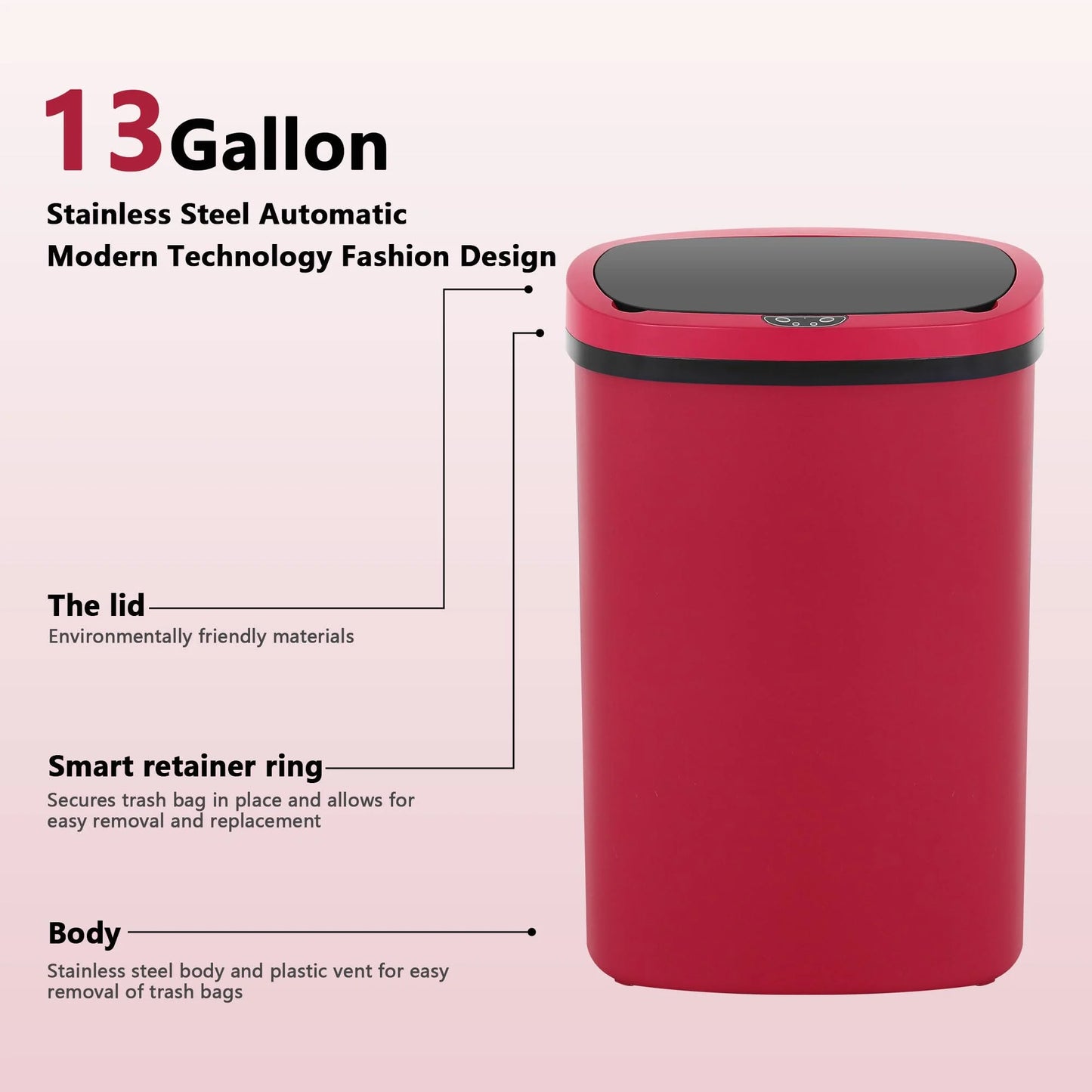 13 Gallon Garbage Can, 50 Liter High-Capacity Broken-Resistant Plastic Garbage Can with Lid Automatic Trash Cans Touchless Motion Sensor Trash Can for Home Kitchen Office (1, Red)
