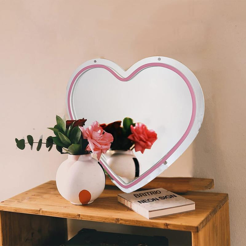 LED Neon Mirror Light Sign Pink Heart Neon Wall Art Sign for Girl Bedroom Kid’S Room Birthday Party Wedding Gift Home Studio Decor Neon Night Light 5V USB Powered 11.81”