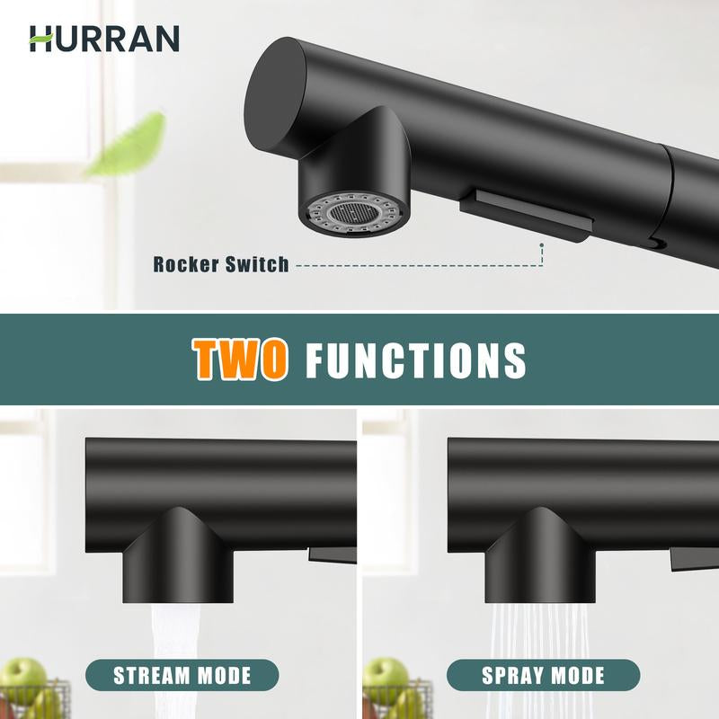Hurran Matte Black Kitchen Faucet with Pull-Down Sprayer, Deck Plate, 17.2 Inch, Suitable for 3-Hole Bar Sinks, Rvs, Campers & Outdoor Use Water