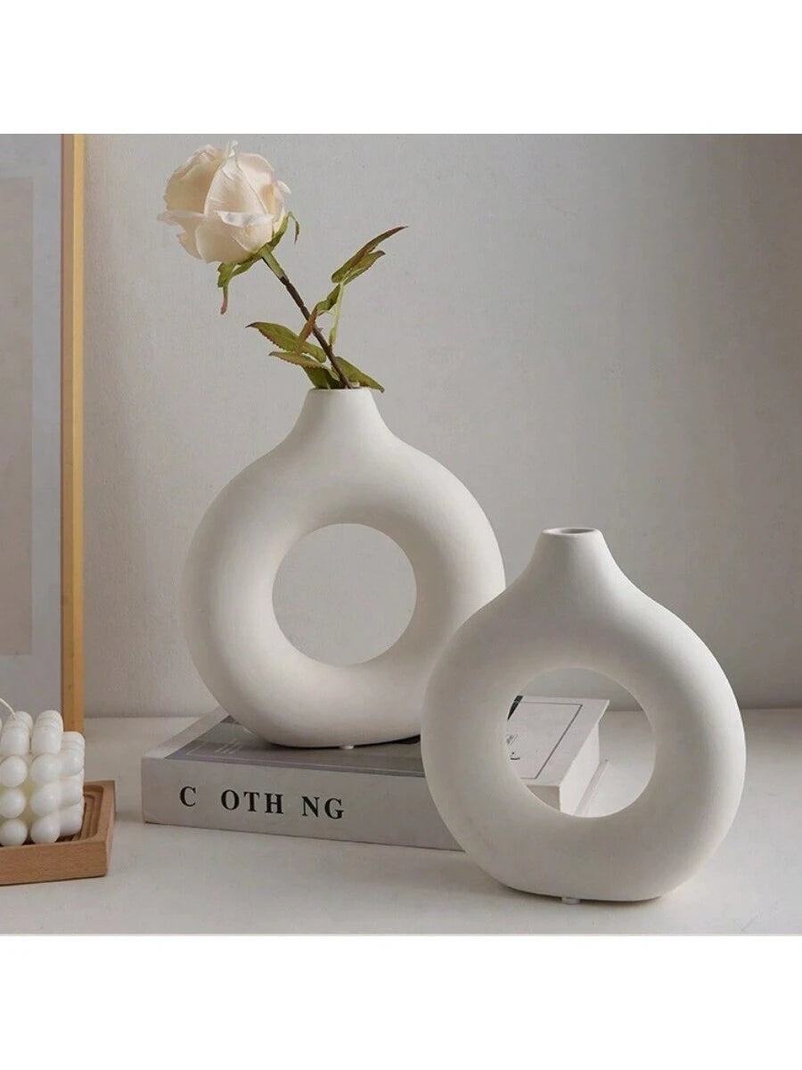 1Pc White Plastic Circular Flower Vase Decoration, Simulated Dry Flower Decoration Vase, Artistic Vase for Floral Arrangements, Simple Living Room Exhibition Hall Decoration Gifts Birthday Graduation