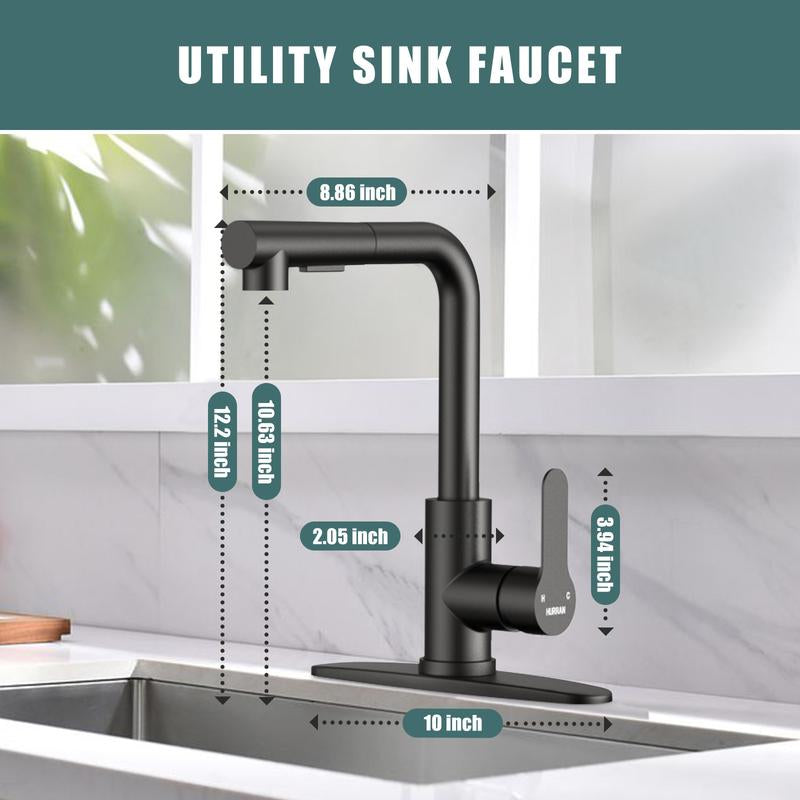 Hurran Matte Black Kitchen Faucet with Pull-Down Sprayer, Deck Plate, 17.2 Inch, Suitable for 3-Hole Bar Sinks, Rvs, Campers & Outdoor Use Water