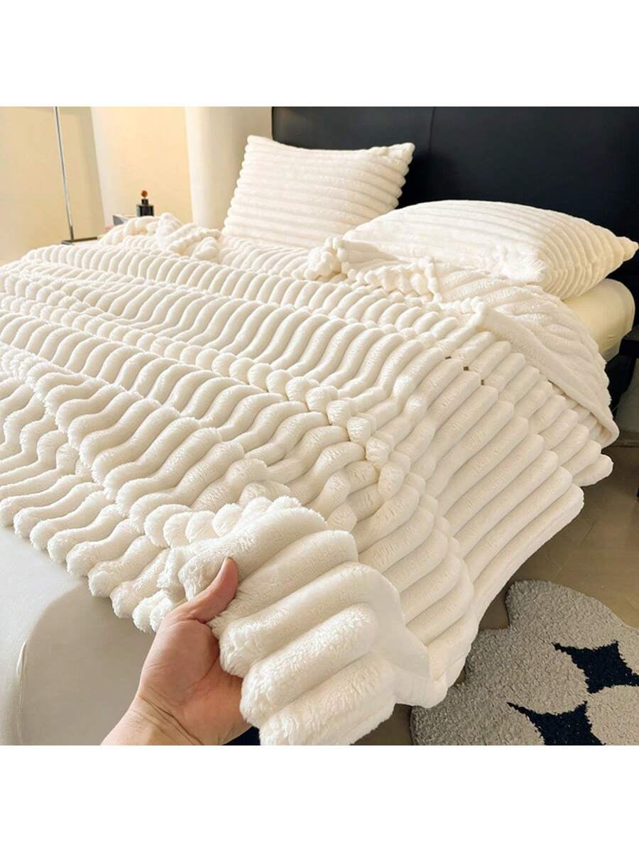 1Pc Super Soft Shaggy Faux Fur Throw Blanket, Wide Stripes Cutout Fluffy Plush Milk Pink Sherpa Fleece Cozy Decorative Lap Blanket for Bedroom, Office, Napping