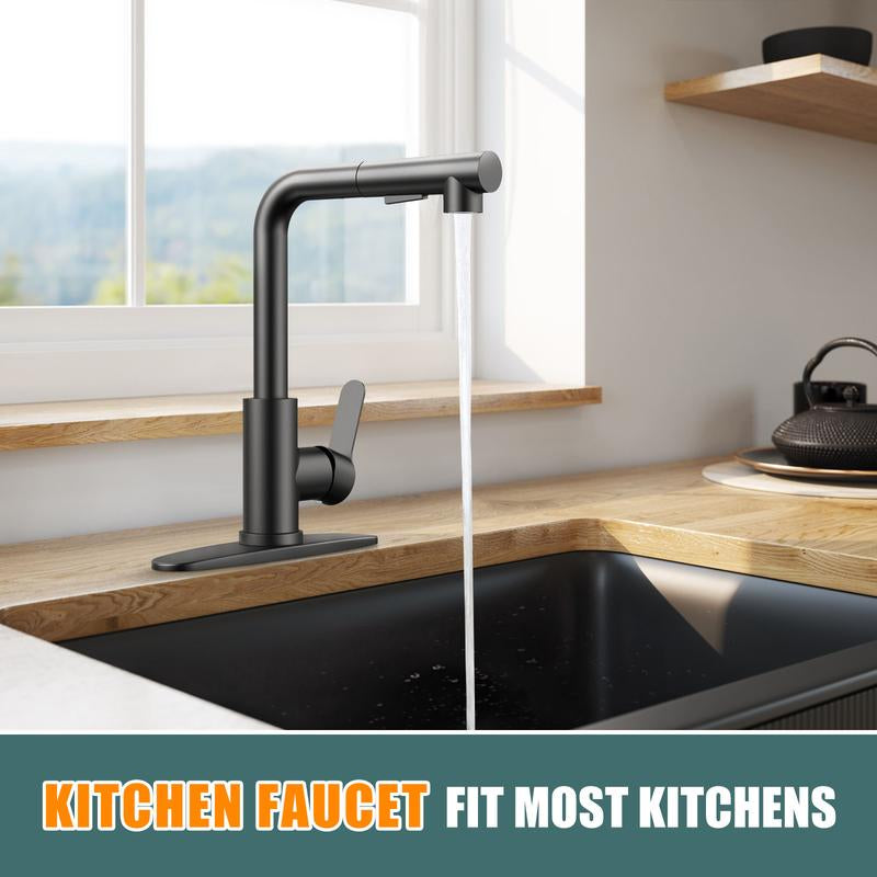 Hurran Matte Black Kitchen Faucet with Pull-Down Sprayer, Deck Plate, 17.2 Inch, Suitable for 3-Hole Bar Sinks, Rvs, Campers & Outdoor Use Water