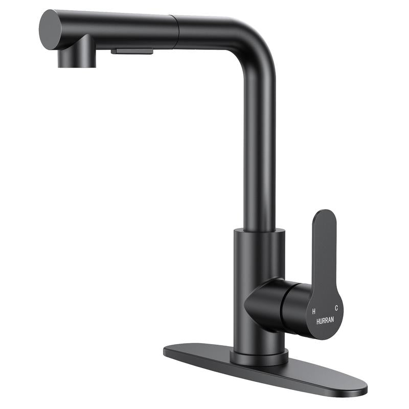 Hurran Matte Black Kitchen Faucet with Pull-Down Sprayer, Deck Plate, 17.2 Inch, Suitable for 3-Hole Bar Sinks, Rvs, Campers & Outdoor Use Water