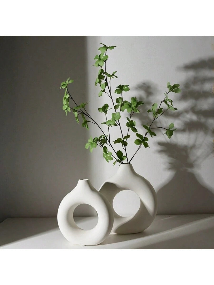 1Pc White Plastic Circular Flower Vase Decoration, Simulated Dry Flower Decoration Vase, Artistic Vase for Floral Arrangements, Simple Living Room Exhibition Hall Decoration Gifts Birthday Graduation