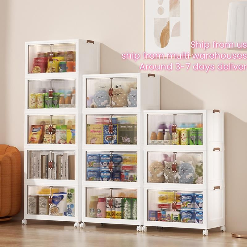2/3/4/5 Tier Foldable Storage Box, Stackable Storage Box Front Opening with Lid, Door, Wheels, Storage Cabinet Plastic, Foldable Storage Cabinet Organiser Cover
