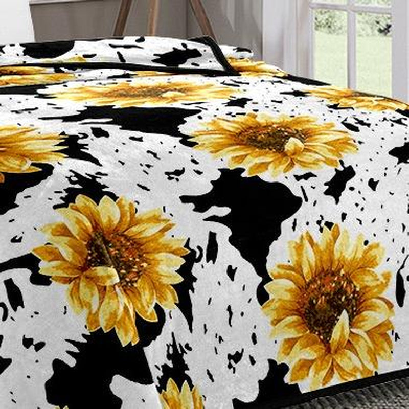 Oversized Super Plush Sunflower Cow Print Flannel Blanket