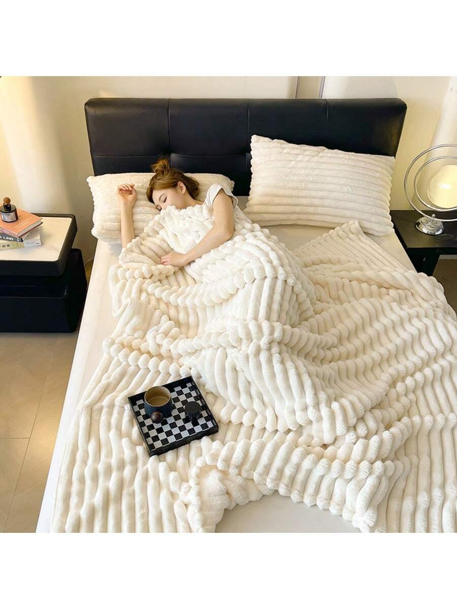 1Pc Super Soft Shaggy Faux Fur Throw Blanket, Wide Stripes Cutout Fluffy Plush Milk Pink Sherpa Fleece Cozy Decorative Lap Blanket for Bedroom, Office, Napping