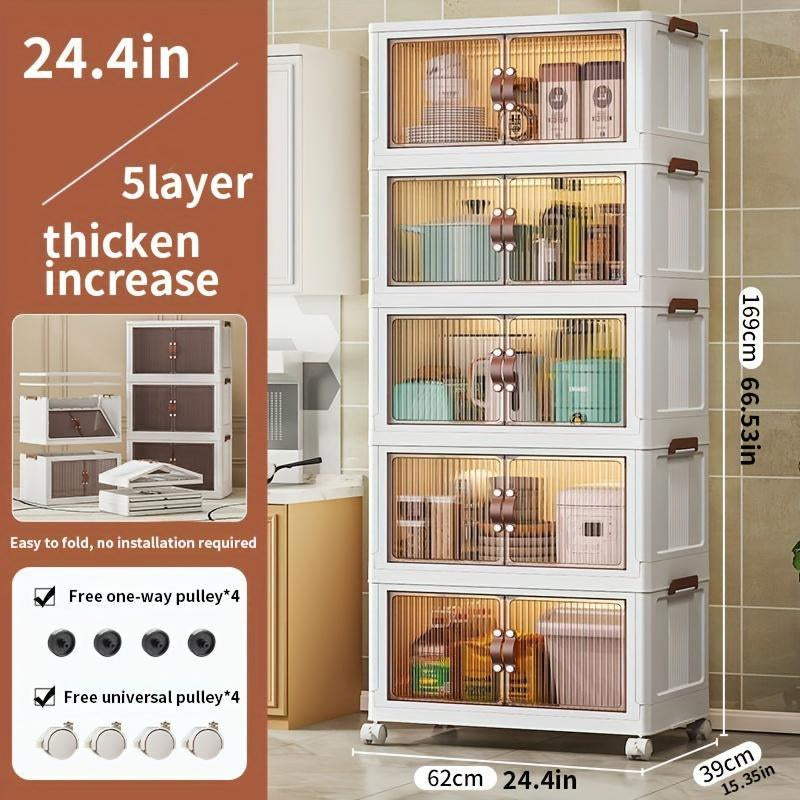 2/3/4/5 Tier Foldable Storage Box, Stackable Storage Box Front Opening with Lid, Door, Wheels, Storage Cabinet Plastic, Foldable Storage Cabinet Organiser Cover