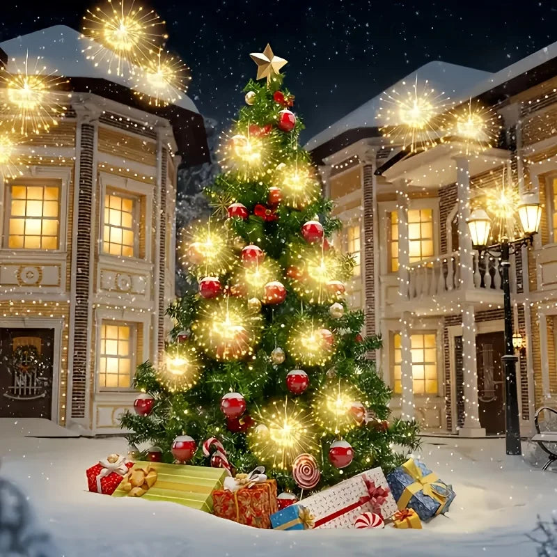 4Pcs Hanging Solar Powered Outdoor Firework Lights,360 LED Sparkling Starburst Sphere Lights, for Christmas Decorationdecoration