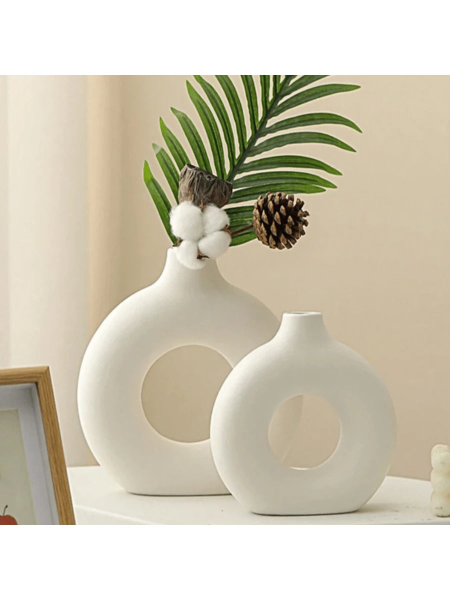 1Pc White Plastic Circular Flower Vase Decoration, Simulated Dry Flower Decoration Vase, Artistic Vase for Floral Arrangements, Simple Living Room Exhibition Hall Decoration Gifts Birthday Graduation