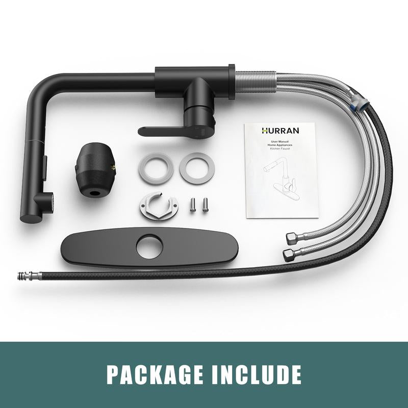 Hurran Matte Black Kitchen Faucet with Pull-Down Sprayer, Deck Plate, 17.2 Inch, Suitable for 3-Hole Bar Sinks, Rvs, Campers & Outdoor Use Water