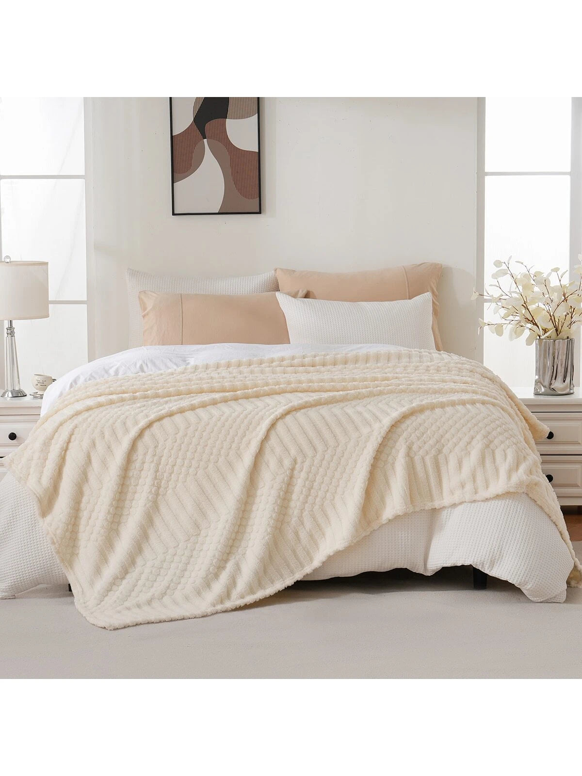 Throw Blanket for Couch-Soft White Boho Bed Throw Blanket,Fleece Cozy Blanket for Autumn,Cute White Fluffy Lightweight Blankets&Throws for Sofa,Chair,Home Decor,Woman,Man