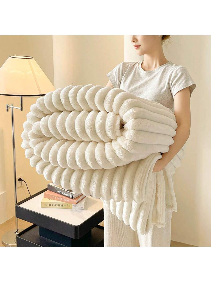1Pc Super Soft Shaggy Faux Fur Throw Blanket, Wide Stripes Cutout Fluffy Plush Milk Pink Sherpa Fleece Cozy Decorative Lap Blanket for Bedroom, Office, Napping