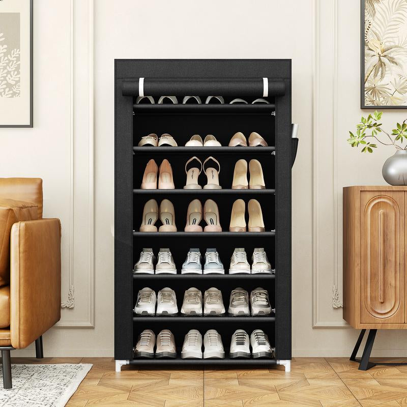 7-Tier Metal Shoe Shelf Dustproof Cover Adjustable Entryway Organizer for Small Spaces Closet Storage Solution Non-Woven Fabric Hallway Rack Garage Household Boxe Shoe Rack