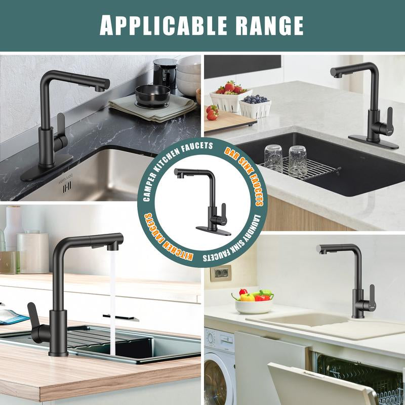 Hurran Matte Black Kitchen Faucet with Pull-Down Sprayer, Deck Plate, 17.2 Inch, Suitable for 3-Hole Bar Sinks, Rvs, Campers & Outdoor Use Water