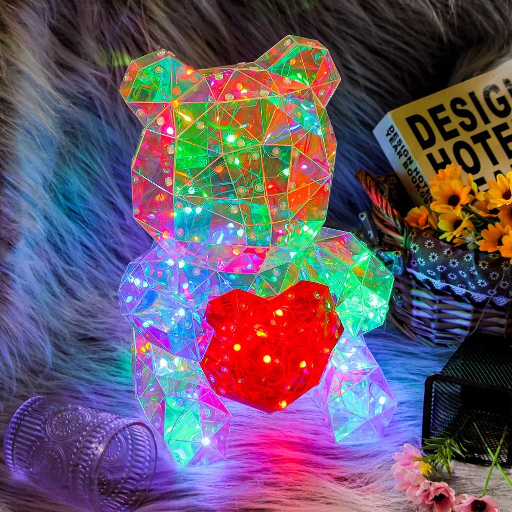 Red Teddy Bear Doll Gift Lamp Colorful Sparkling Romantic Surprise LED Gift Light Girls Birthday Valentine'S Day Bedroom Decor