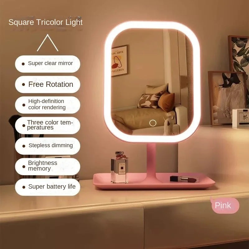 Internet Celebrity with Illuminated Makeup Mirror, Student Desktop Makeup Mirror, Desktop Touch up Makeup Mirror
