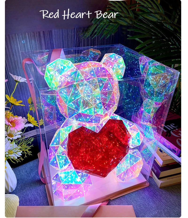 Red Teddy Bear Doll Gift Lamp Colorful Sparkling Romantic Surprise LED Gift Light Girls Birthday Valentine'S Day Bedroom Decor