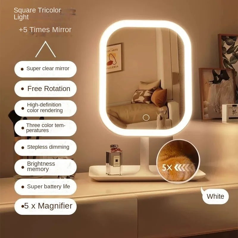 Internet Celebrity with Illuminated Makeup Mirror, Student Desktop Makeup Mirror, Desktop Touch up Makeup Mirror
