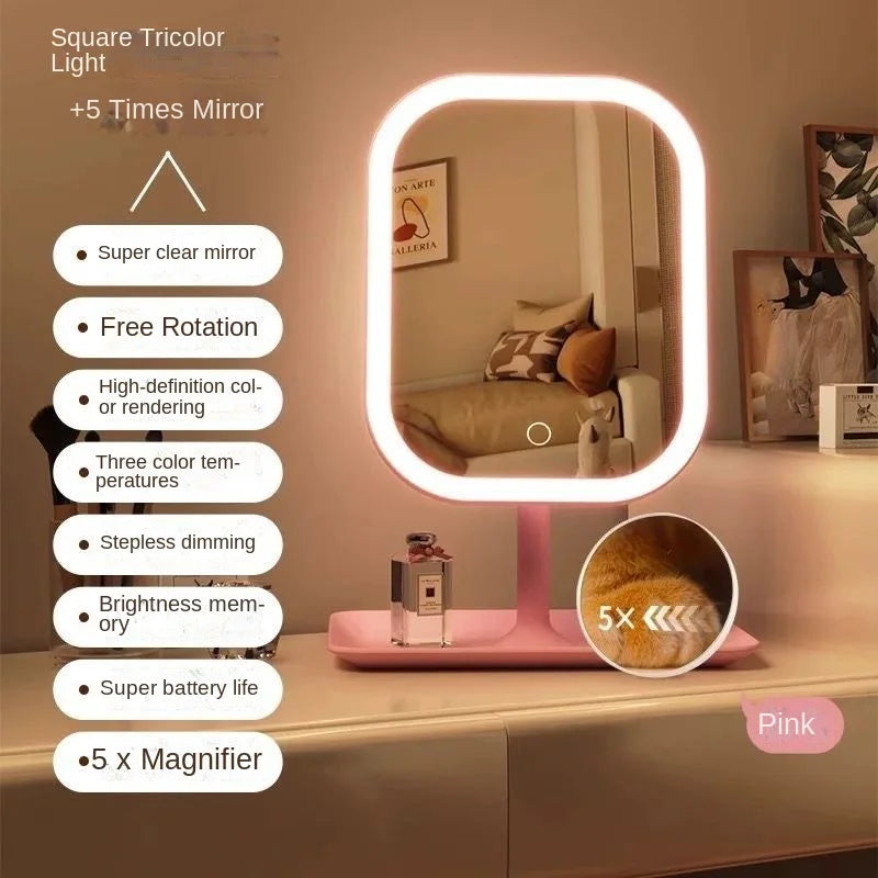 Internet Celebrity with Illuminated Makeup Mirror, Student Desktop Makeup Mirror, Desktop Touch up Makeup Mirror
