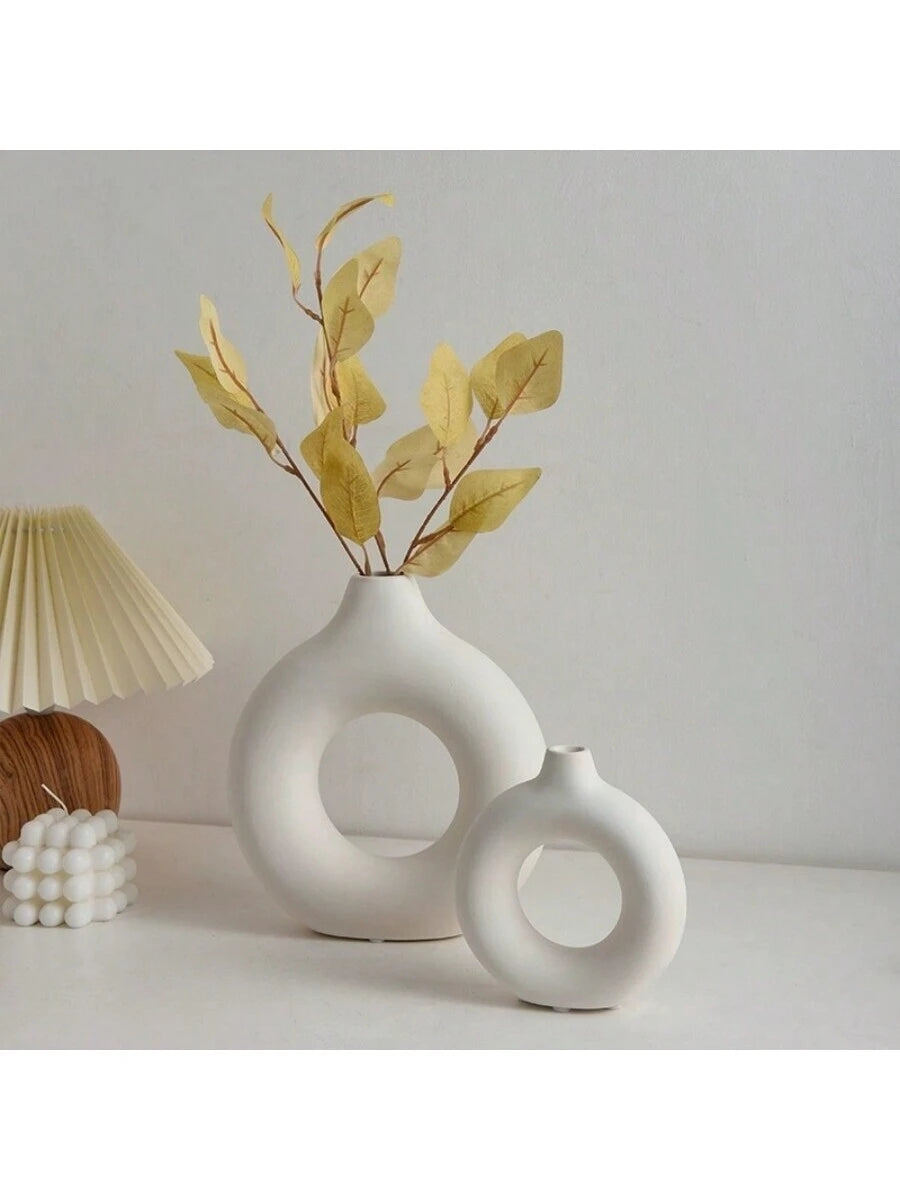 1Pc White Plastic Circular Flower Vase Decoration, Simulated Dry Flower Decoration Vase, Artistic Vase for Floral Arrangements, Simple Living Room Exhibition Hall Decoration Gifts Birthday Graduation