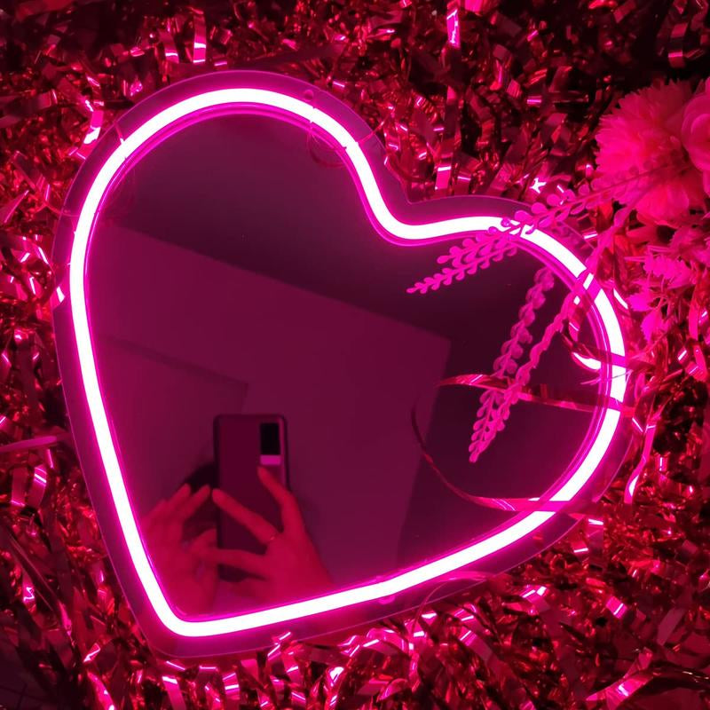 LED Neon Mirror Light Sign Pink Heart Neon Wall Art Sign for Girl Bedroom Kid’S Room Birthday Party Wedding Gift Home Studio Decor Neon Night Light 5V USB Powered 11.81”