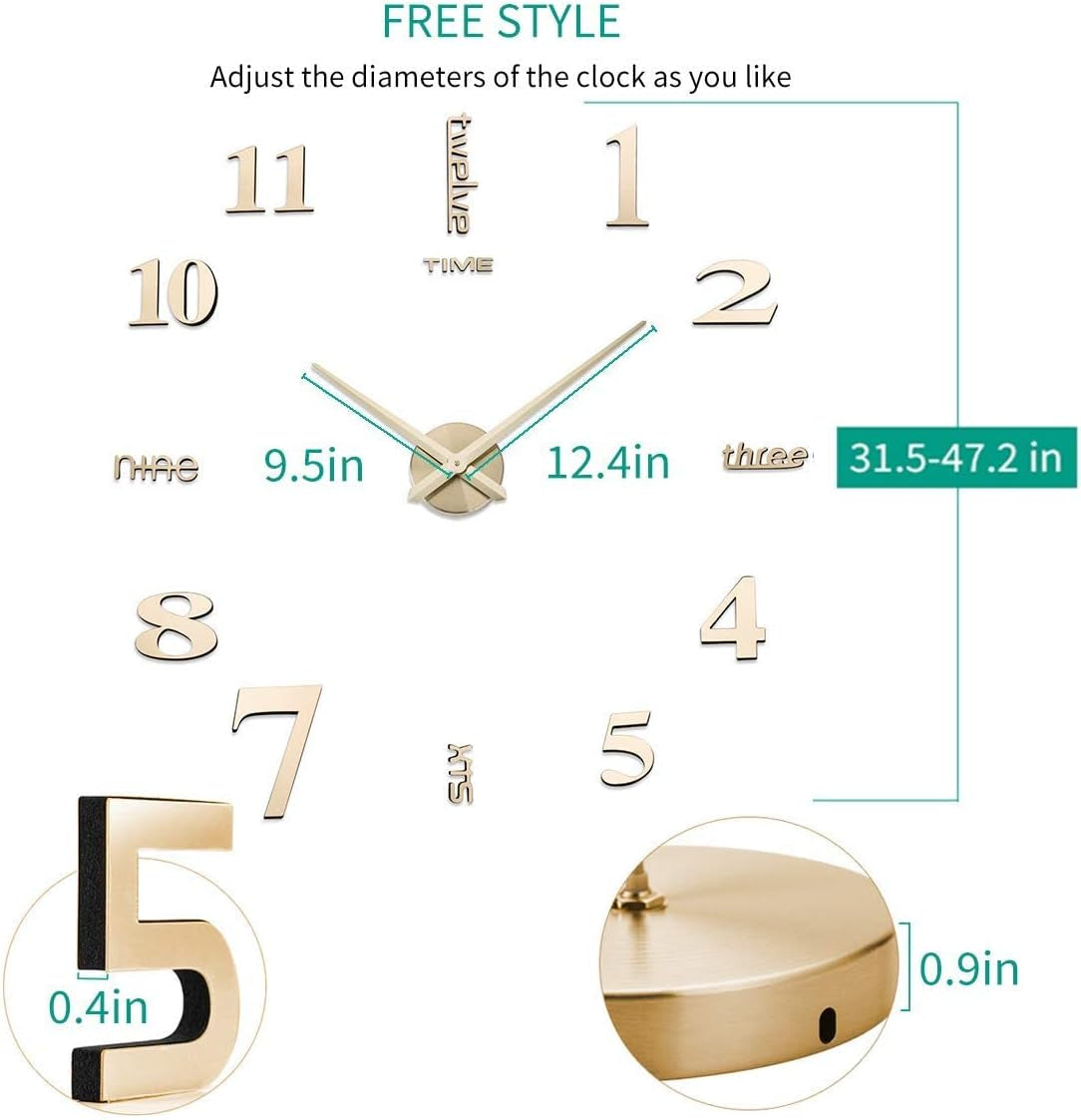 3D DIY Wall Clock Decor Sticker Mirror Frameless Large DIY Wall Clock Kit for Home Living Room Bedroom Office Decoration (Gold)