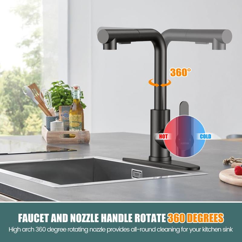 Hurran Matte Black Kitchen Faucet with Pull-Down Sprayer, Deck Plate, 17.2 Inch, Suitable for 3-Hole Bar Sinks, Rvs, Campers & Outdoor Use Water
