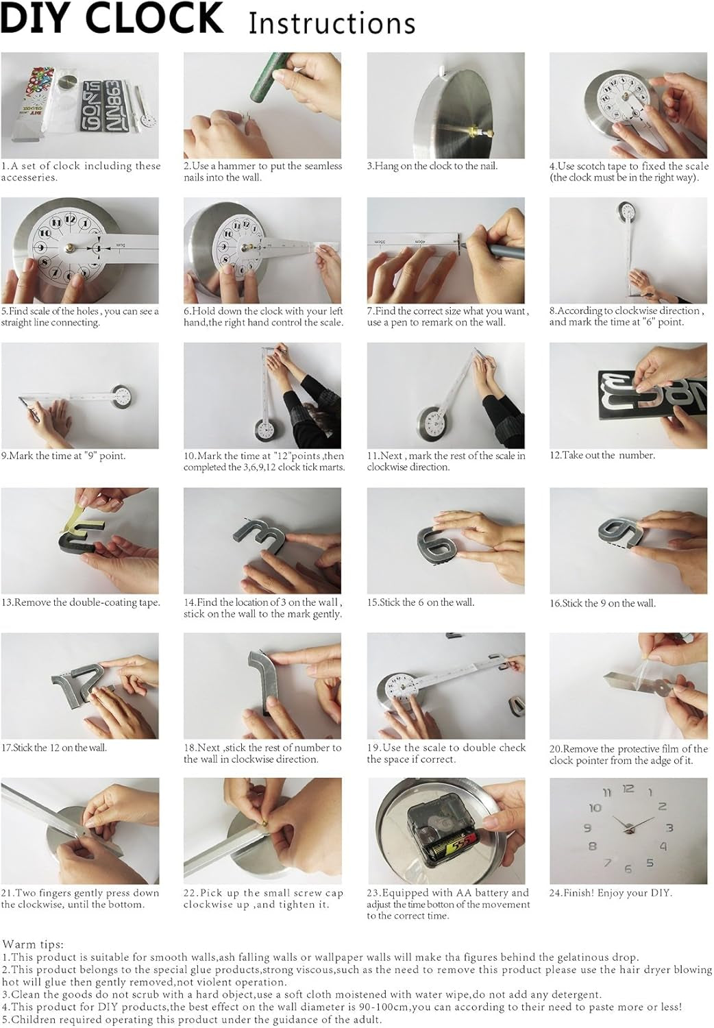 3D DIY Wall Clock, 1M Modern Frameless Large 3D DIY Wall Clock Kit Decoration Home for Living Room Bedroom (Black-Black)