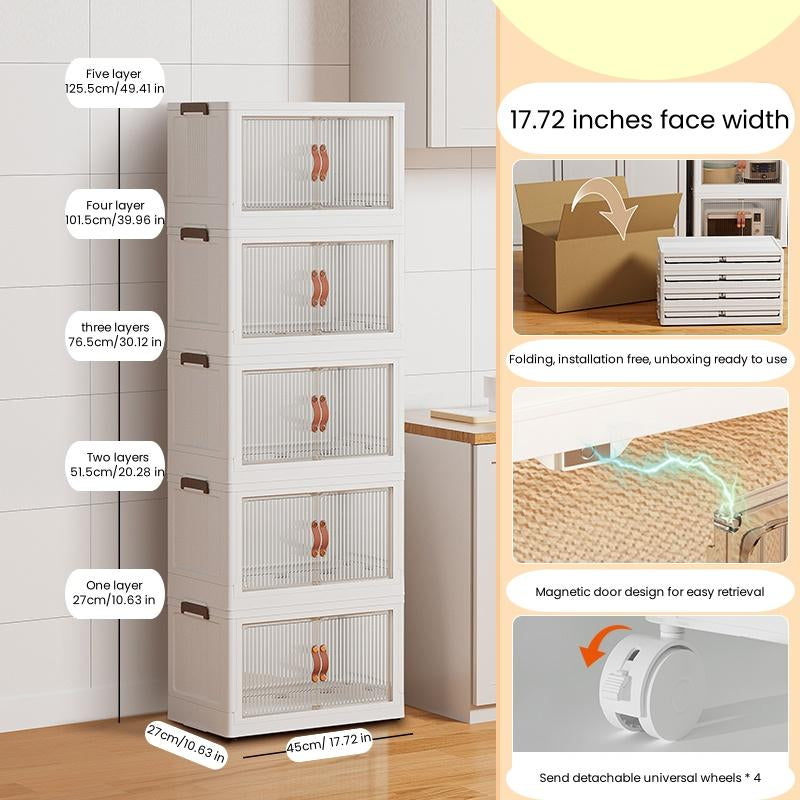 2/3/4/5 Tier Foldable Storage Box, Stackable Storage Box Front Opening with Lid, Door, Wheels, Storage Cabinet Plastic, Foldable Storage Cabinet Organiser Cover