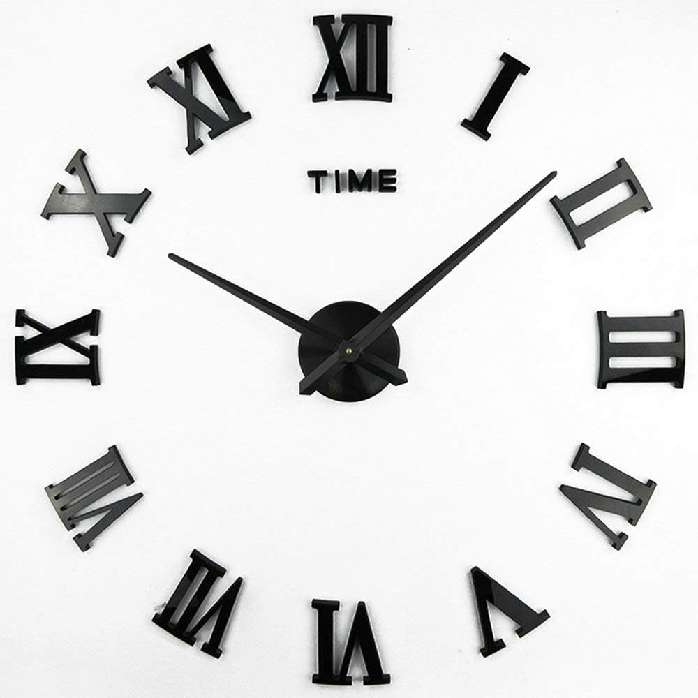 3D DIY Wall Clock, 1M Modern Frameless Large 3D DIY Wall Clock Kit Decoration Home for Living Room Bedroom (Black-Black)