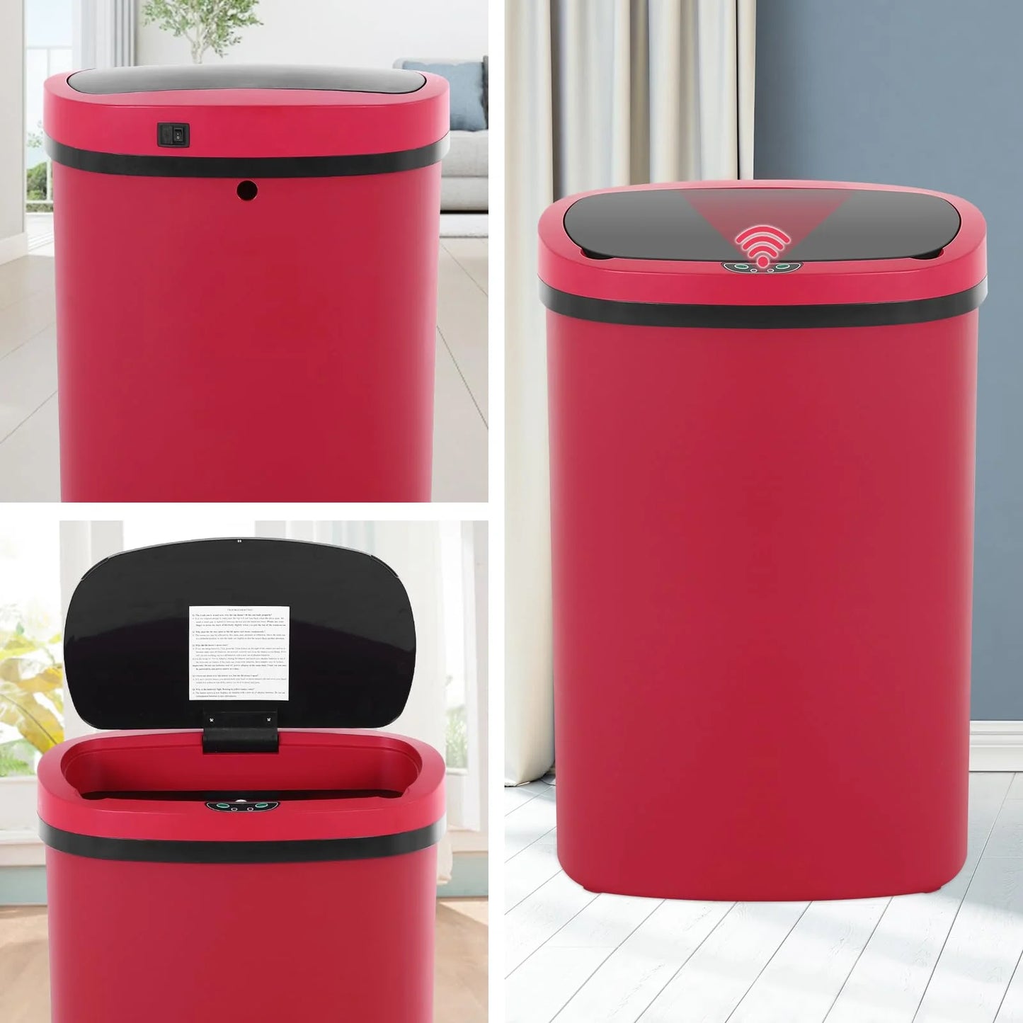 13 Gallon Garbage Can, 50 Liter High-Capacity Broken-Resistant Plastic Garbage Can with Lid Automatic Trash Cans Touchless Motion Sensor Trash Can for Home Kitchen Office (1, Red)